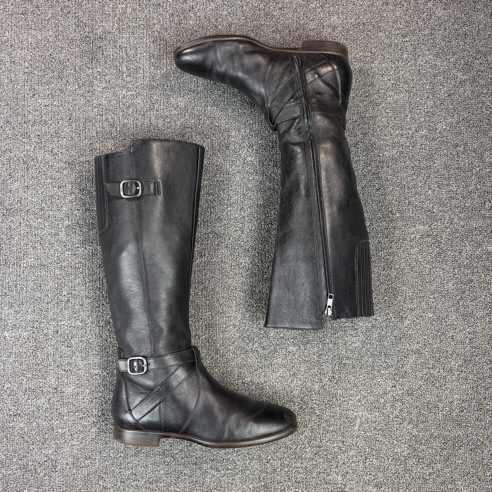 Womens UGG AUSTRALIA BERYL Sz 8.5 Black Leather Tall Riding Buckle Boots 1005920